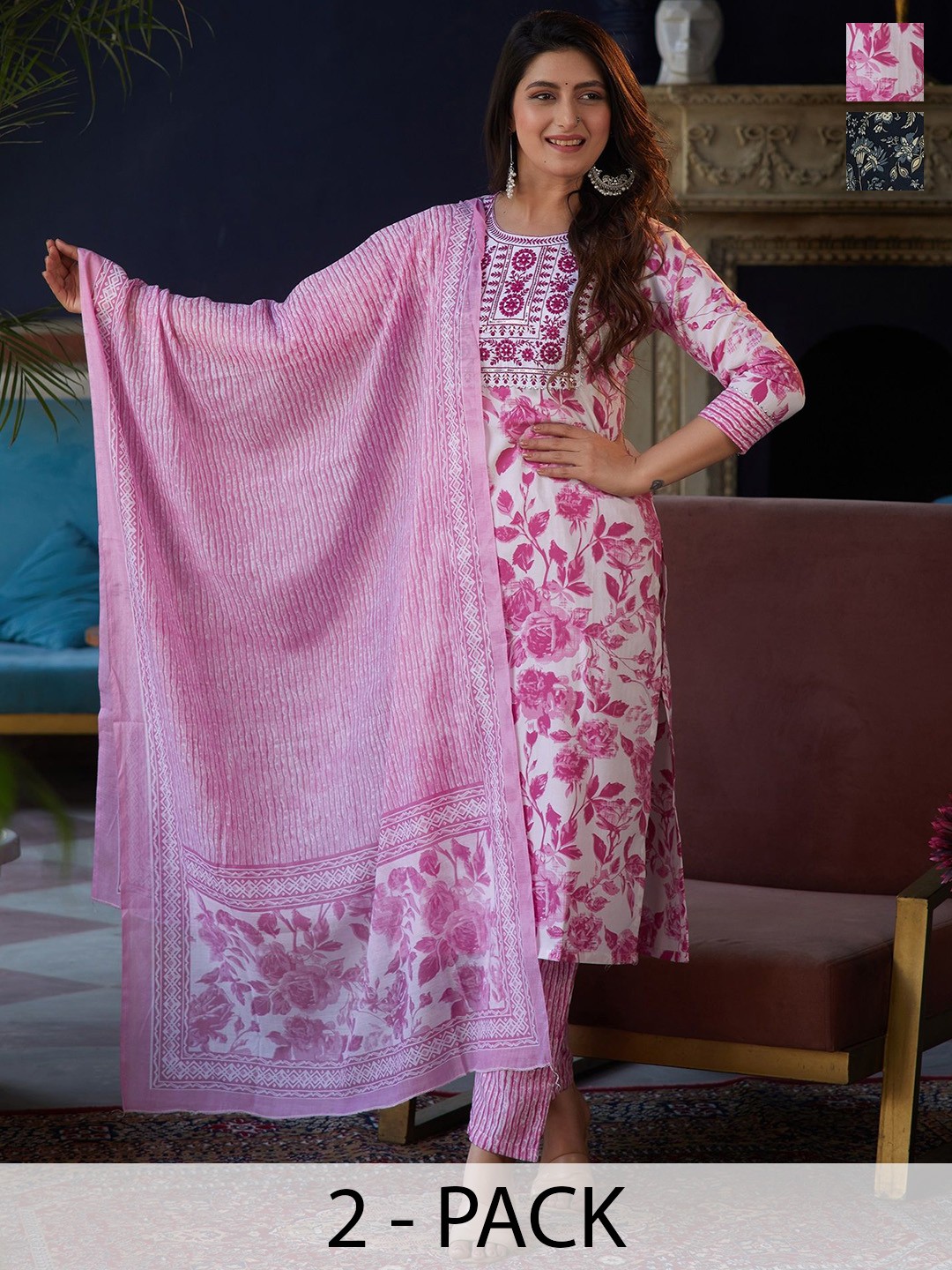 

KALINI Selection Of 2 Floral Printed Round Neck Straight Kurtas With Trousers & Dupattas, Navy blue
