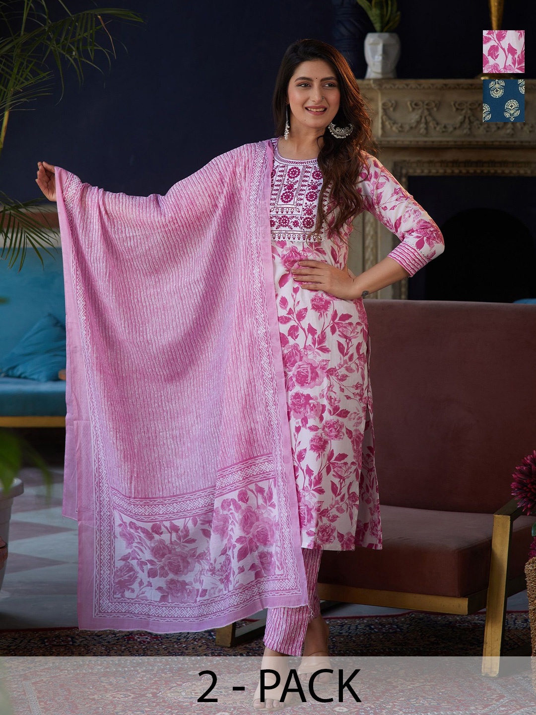 

KALINI Selection Of 2 Floral Printed Round Neck Straight Kurtas With Trousers & Dupattas, Pink