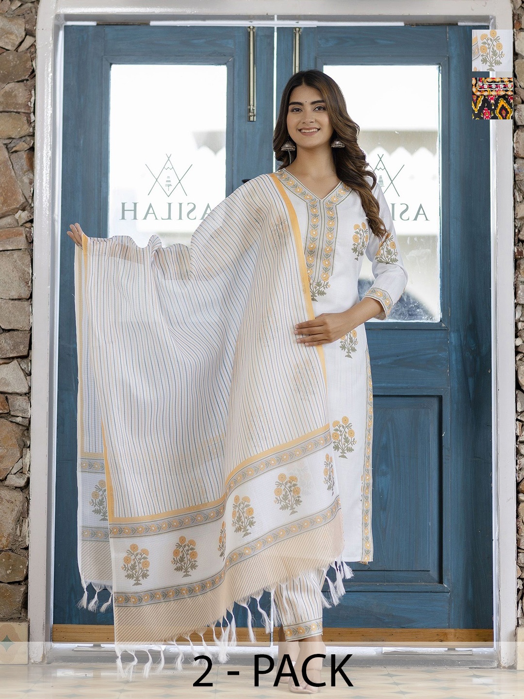 

KALINI Selection Of 2 Ethnic Motifs Printed V-neck Straight Kurtas With Trousers & Dupatta, White