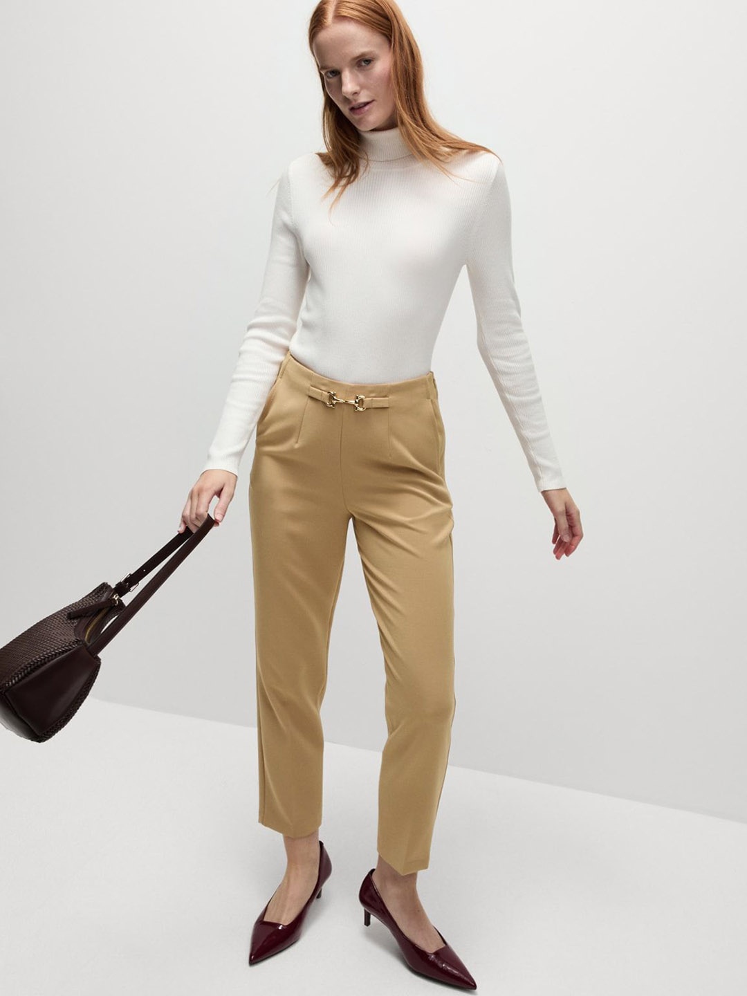 

Marks & Spencer Women Straight Fit High-Rise Trousers, Beige