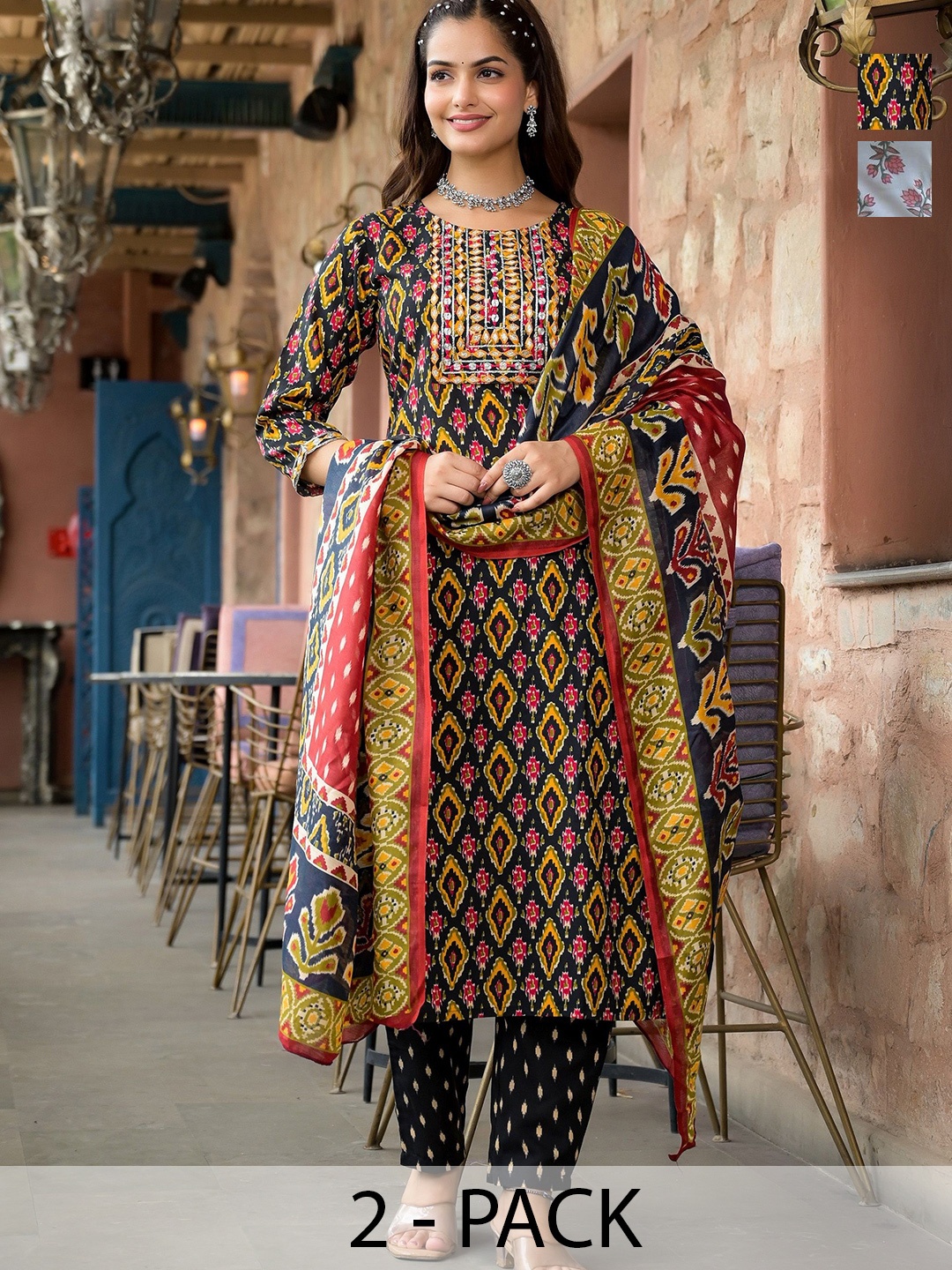 

KALINI Selection Of 2 Ethnic Motifs Printed Straight Kurta With Trousers And Dupatta, Black