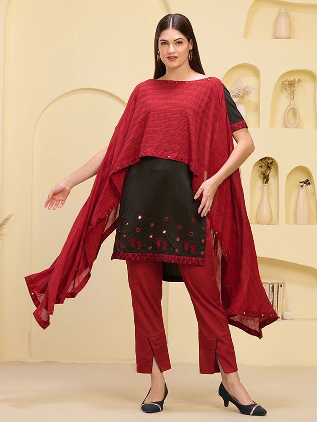 

First Resort by Ramola Bachchan Embroidered Longline Asymmetric Waterfall Cotton Shrug, Red