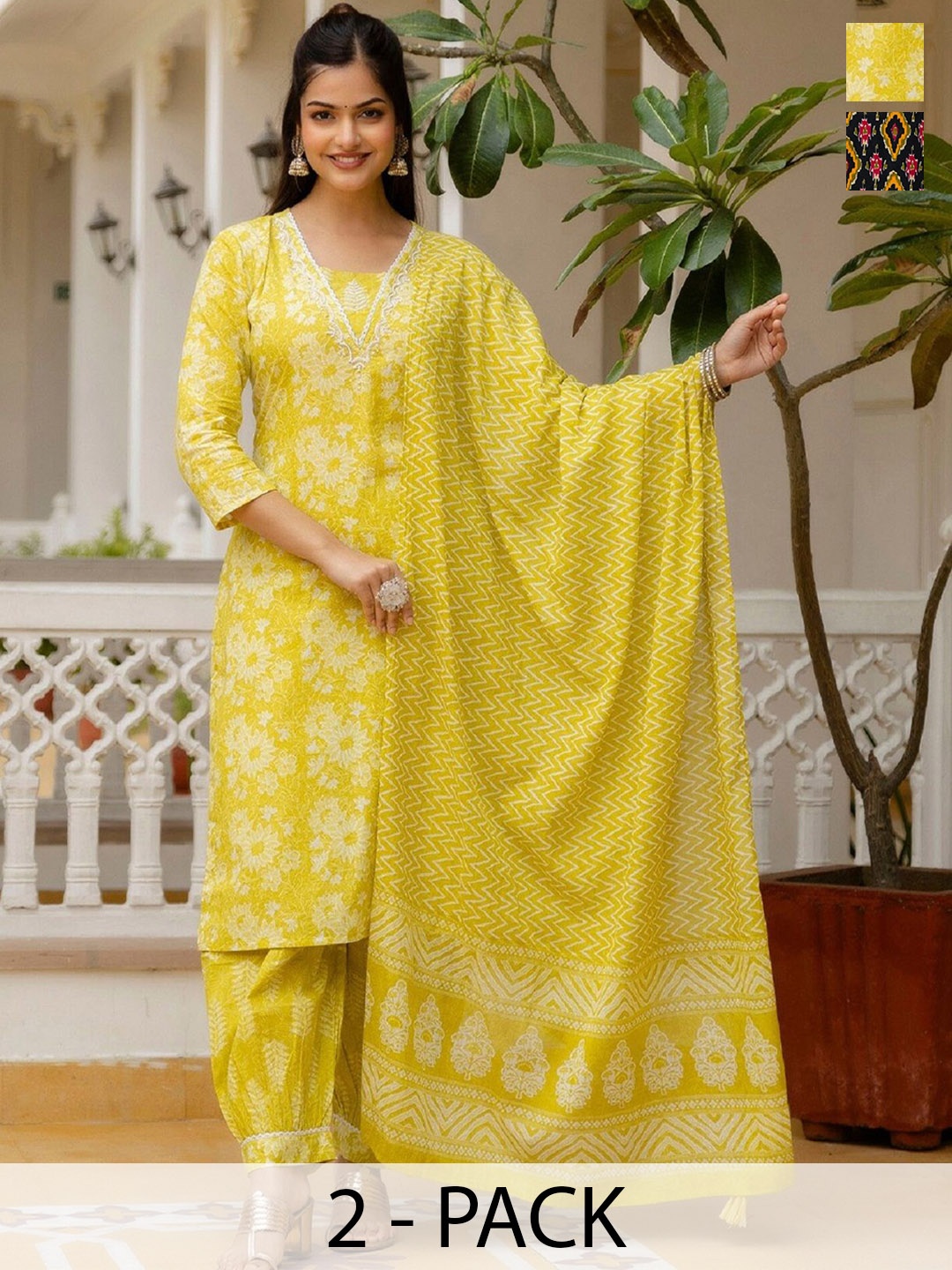 

KALINI Selection Of 2 Floral Printed Embroidered Straight Kurta With Salwar And Dupatta, Yellow