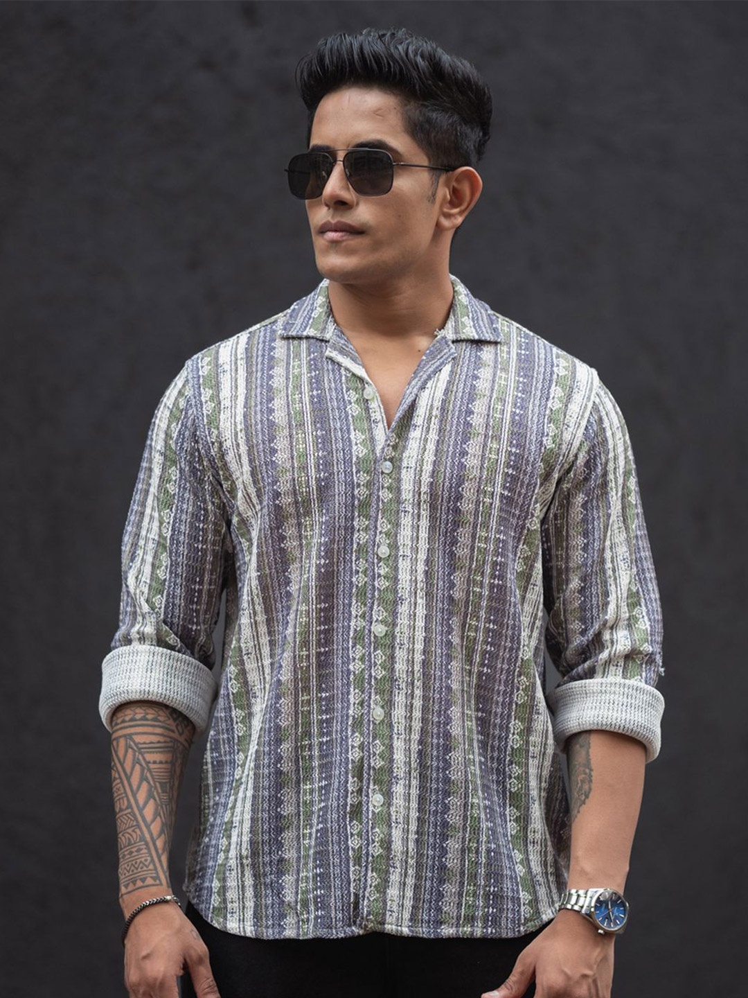 

Powerlook Men Cuban Collar Abstract Printed Cotton Casual Shirt, Blue