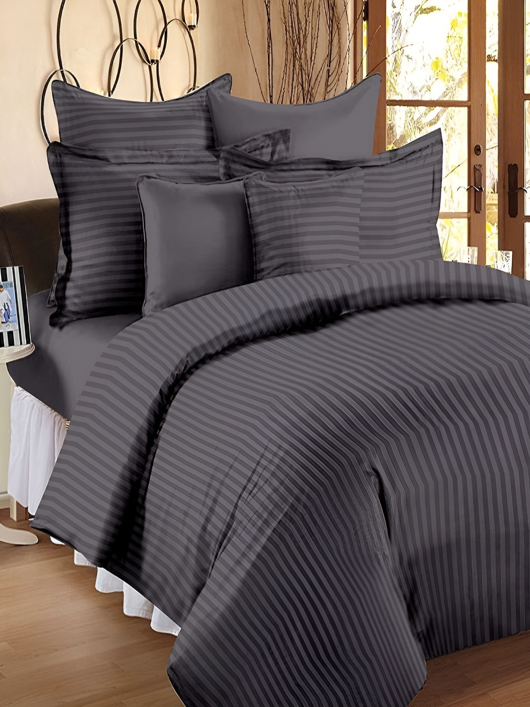 

Myntra Elegant Homes Grey Striped Microfiber Cotton Queen Duvet Cover With Zipper