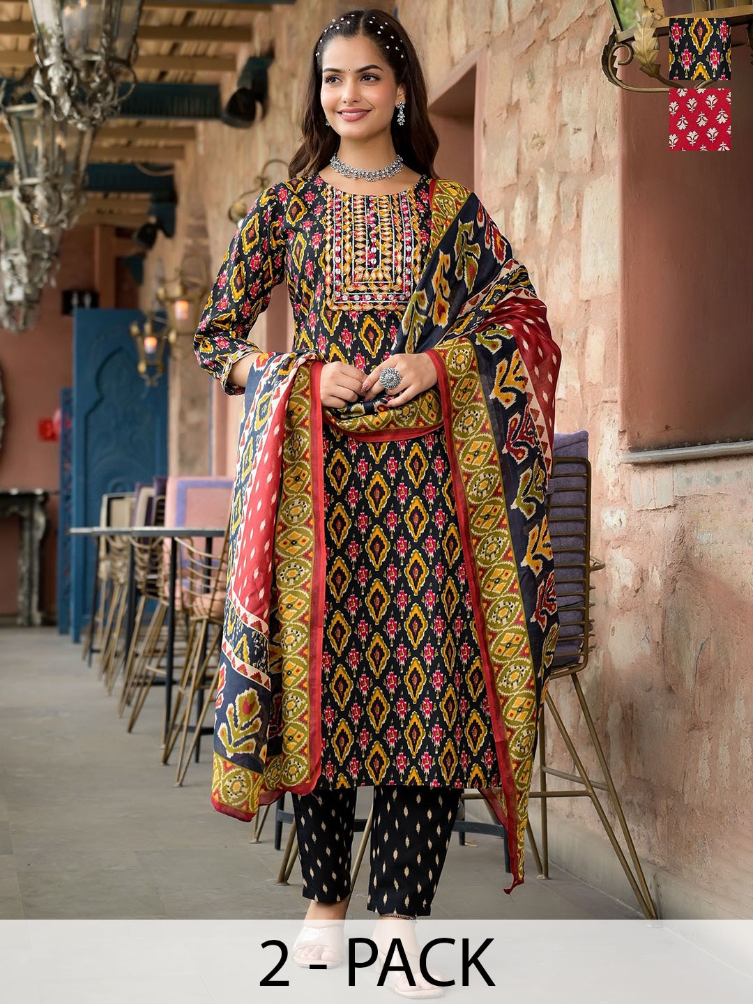 

KALINI Selection Of 2 Ethnic Motifs Printed Straight Kurta With Trousers And Dupatta, Red