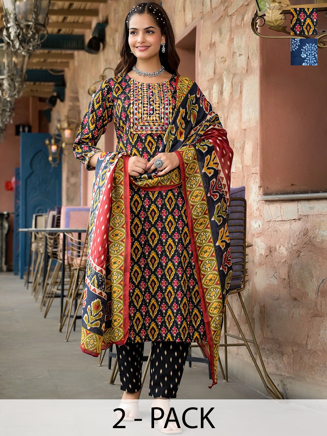 

KALINI Selection Of 2 Ethnic Motifs Printed Straight Kurta With Trousers And Dupatta, Black