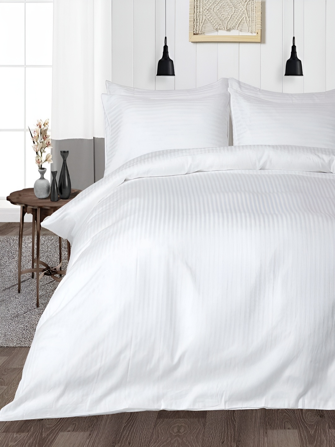 

Myntra Elegant Homes White Striped Microfiber Cotton Queen Duvet Cover With Zipper