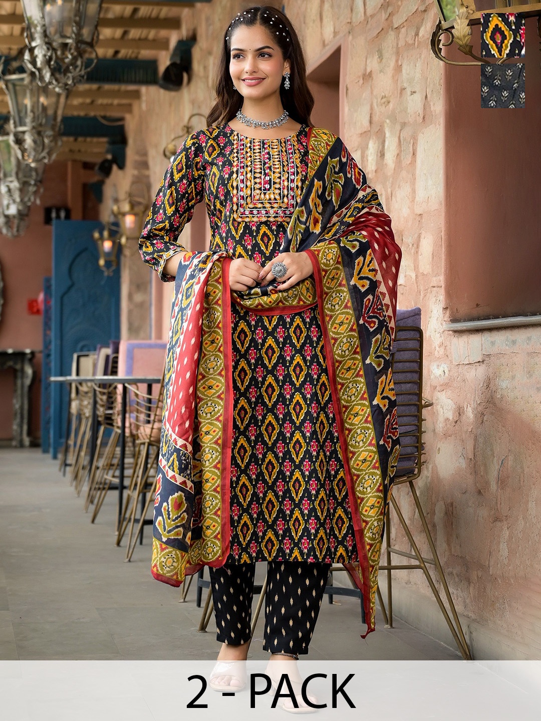 

KALINI Selection Of 2 Ethnic Motifs Printed Straight Kurta With Trousers And Dupatta, Black