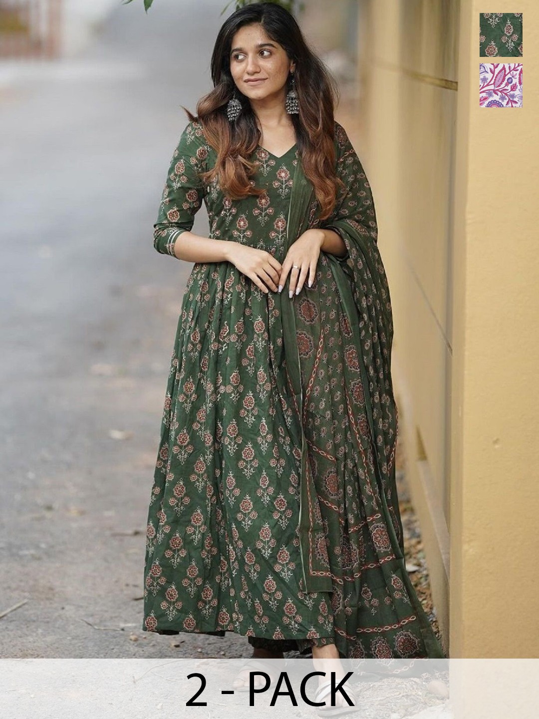 

KALINI Selection Of 2 Floral Printed Straight Kurta With Trousers And Dupatta, Green