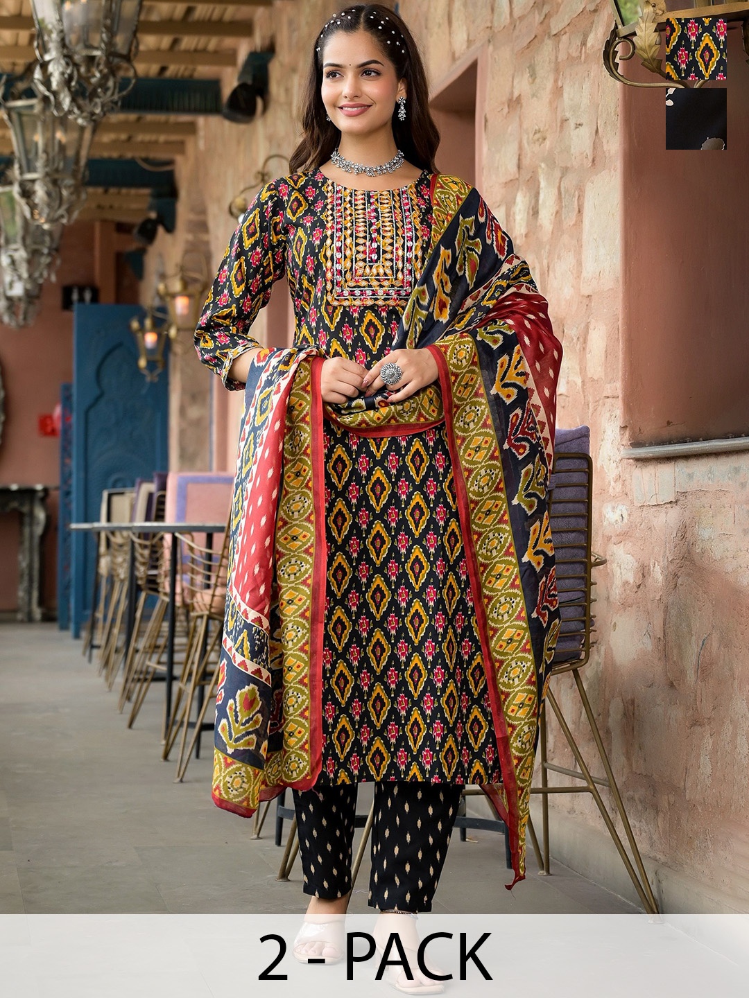 

KALINI Selection Of 2 Ethnic Motifs Printed Regular Kurta with Trousers & With Dupatta, Black