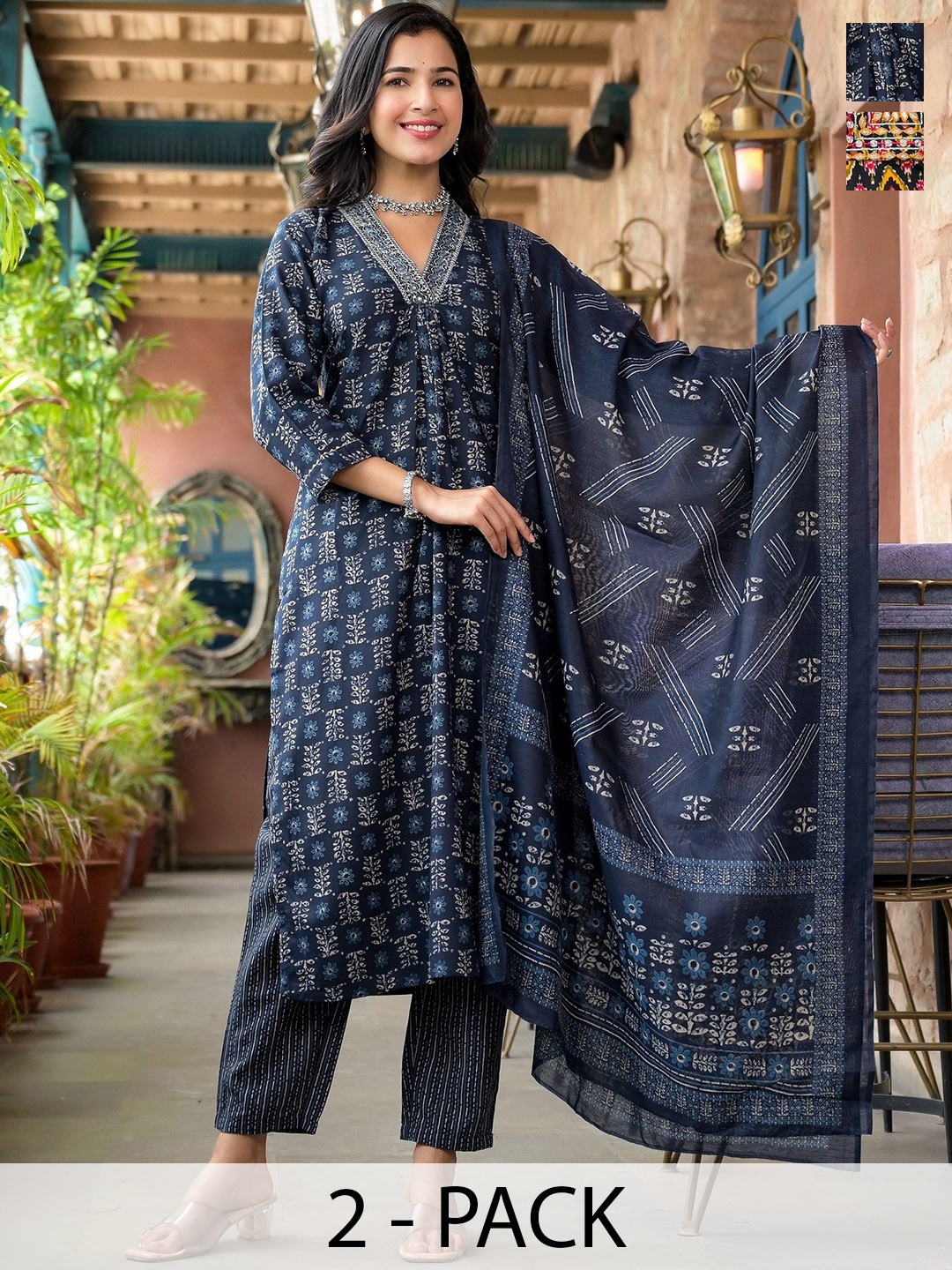 

KALINI Selection Of 2 Floral Printed Straight Kurta With Trousers & Dupattas, Navy blue