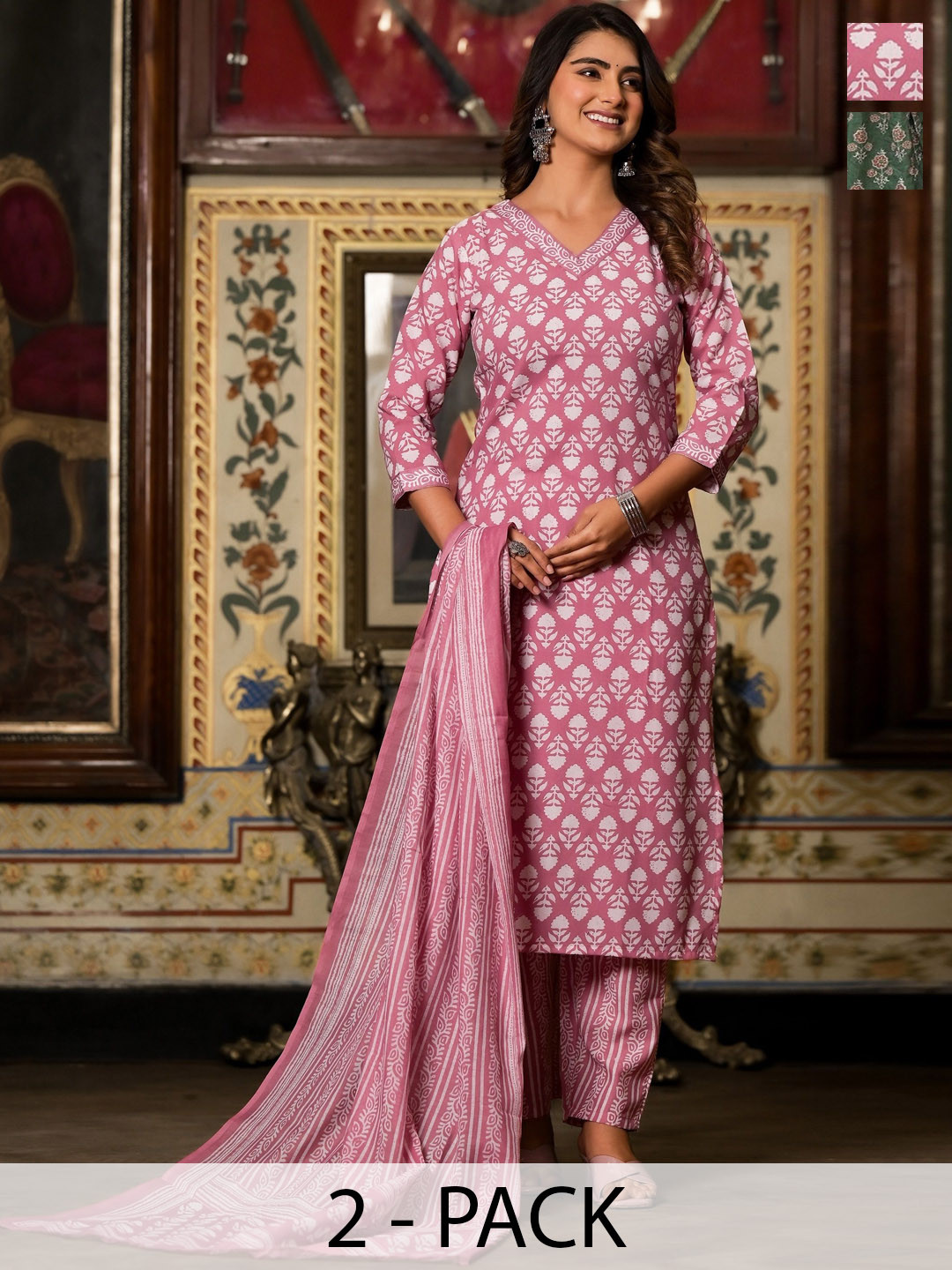 

KALINI Selection Of 2 Floral Printed Straight Kurta With Trousers And Dupatta, Pink