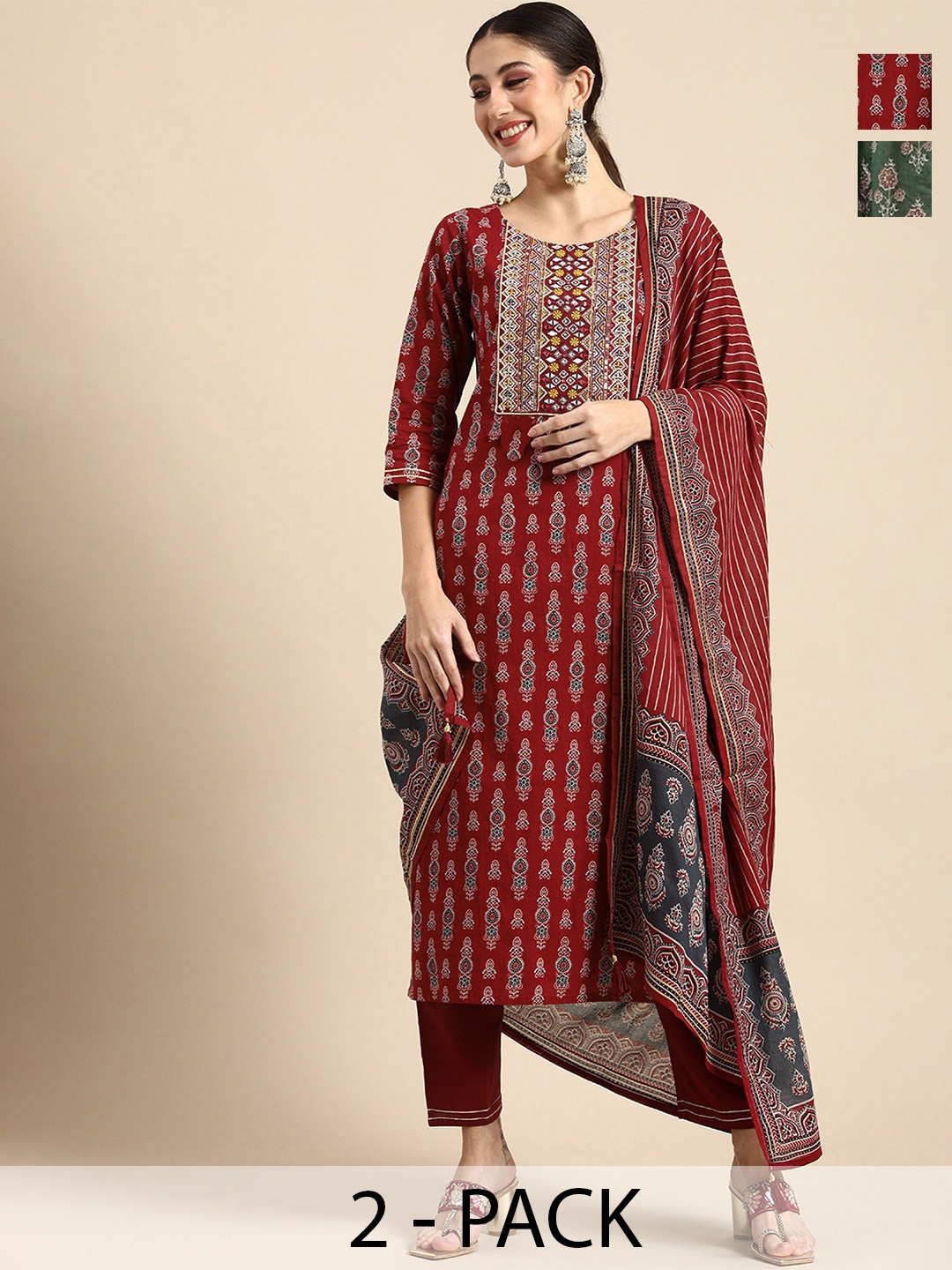 

KALINI Selection Of 2 Ethnic Motifs Printed Straight Kurta With Trousers And Dupatta, Maroon