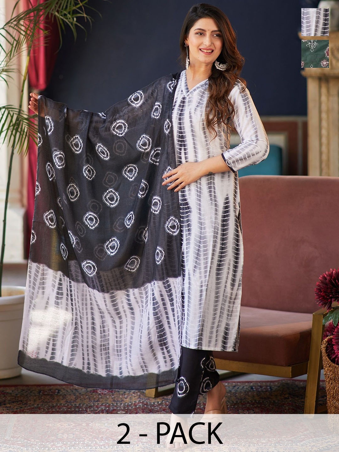 

KALINI Selection Of 2 Shibori Dyed V-Neck Straight Kurta With Trousers And Dupatta, White