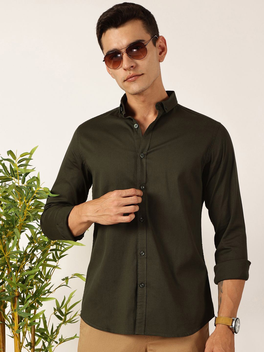 

Mast & Harbour Men Premium Slim Fit Button-Down Collar Solid Cotton Casual Shirt, Olive