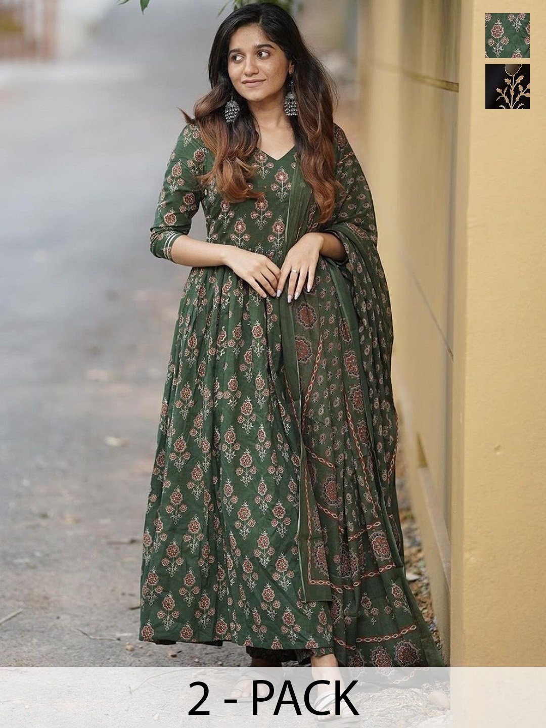 

KALINI Selection Of 2 Ethnic Motifs Printed V-Neck Anarkali Kurta With Trousers & Dupatta, Green