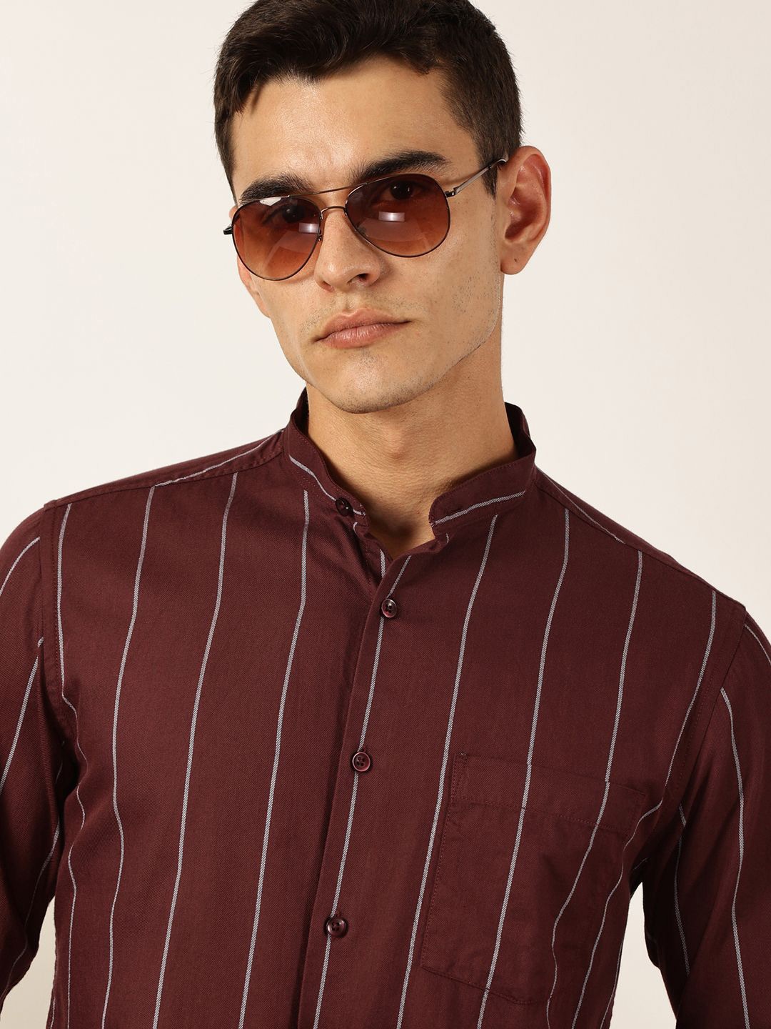 

Mast & Harbour Men Premium Fit Band Collar Vertical Striped Cotton Casual Shirt, Maroon