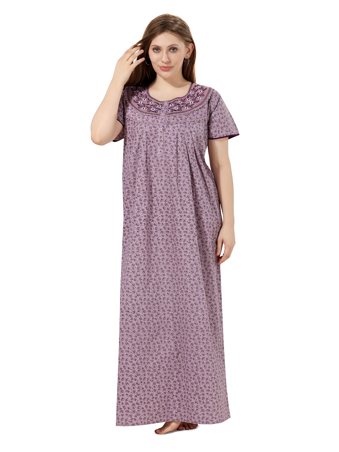 

Soulemo Women Pure Cotton Floral Printed Maxi Nightdress, Purple