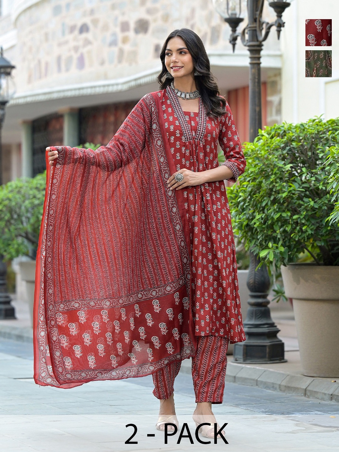 

KALINI Selection Of 2 Ethnic Motifs Printed V-Neck A-Line Kurta With Trousers & Dupatta, Maroon