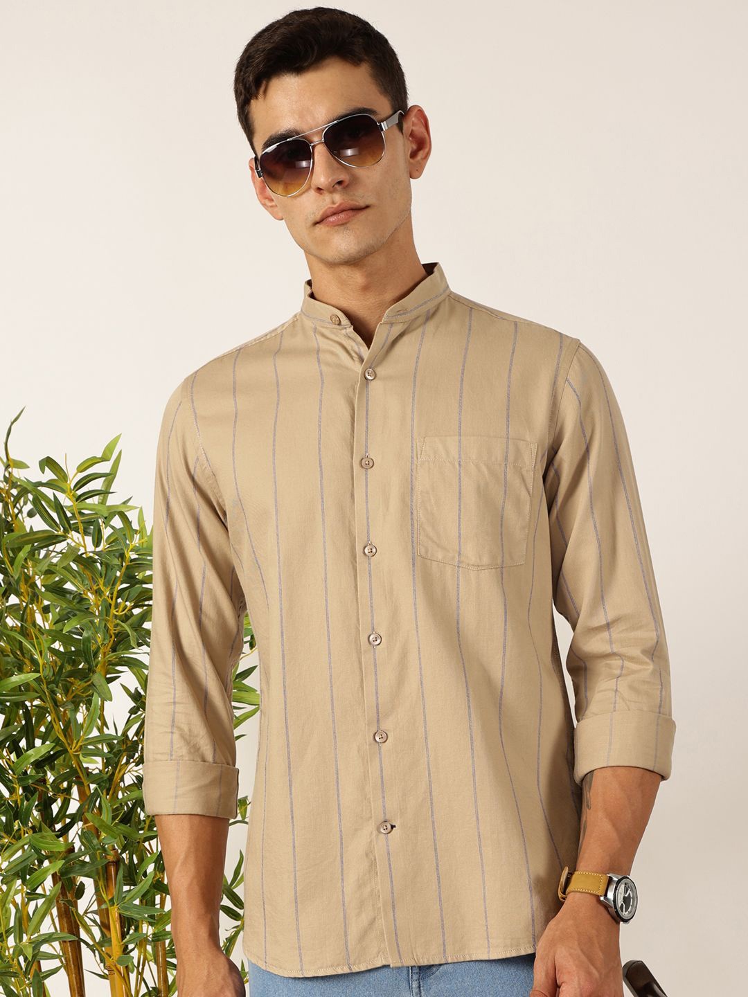 

Mast & Harbour Men Premium Fit Band Collar Vertical Striped Cotton Casual Shirt, Beige