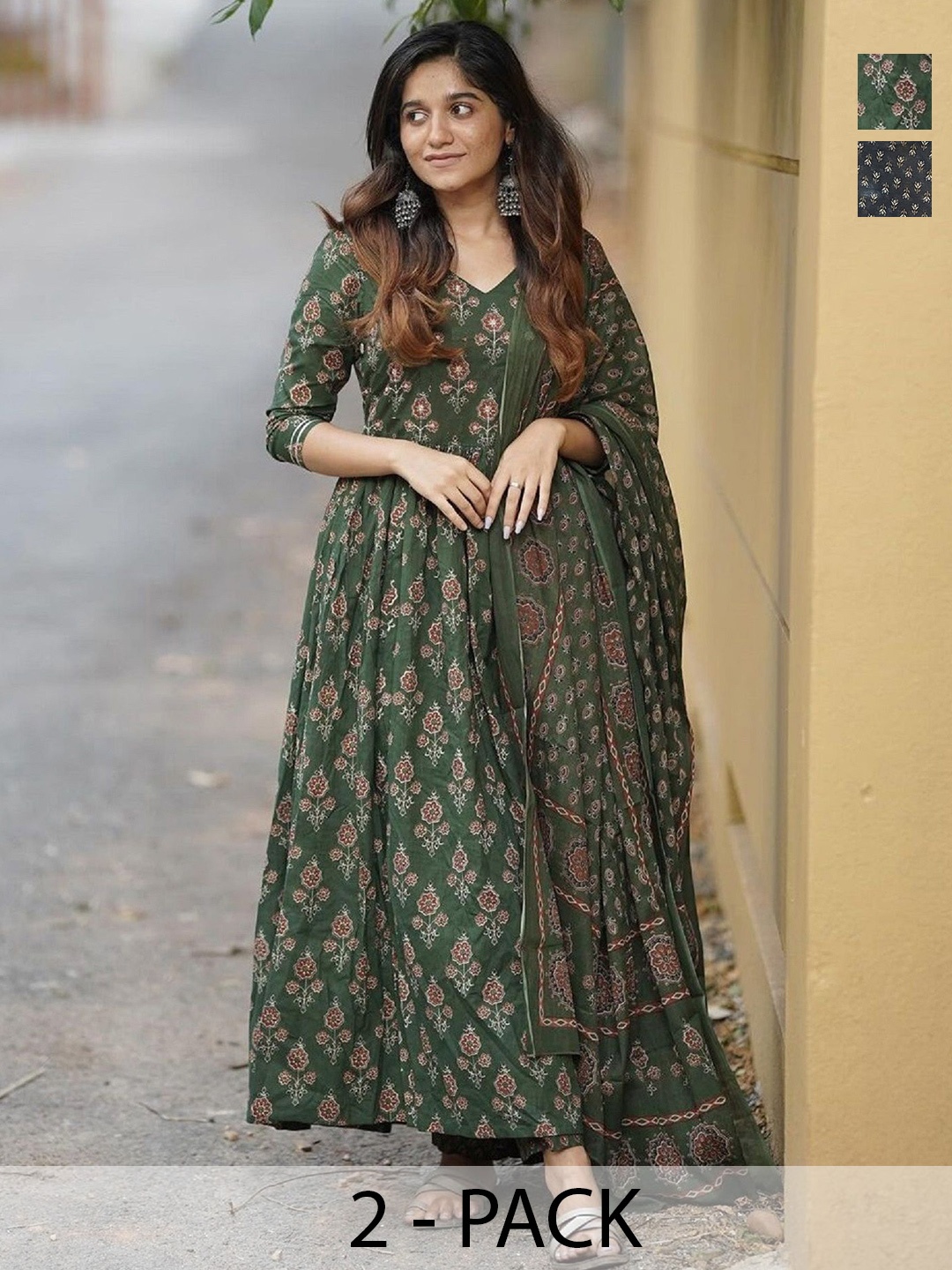 

KALINI Selection Of 2 Ethnic Motifs Printed V-Neck Anarkali Kurta With Trousers & Dupatta, Green