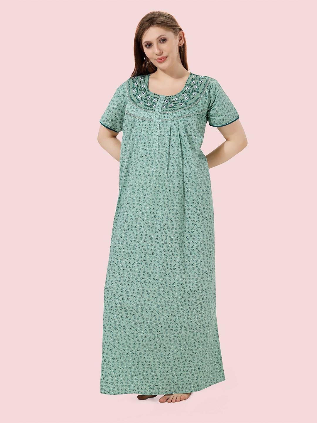 

Soulemo Women Pure Cotton Floral Printed Maxi Nightdress, Green