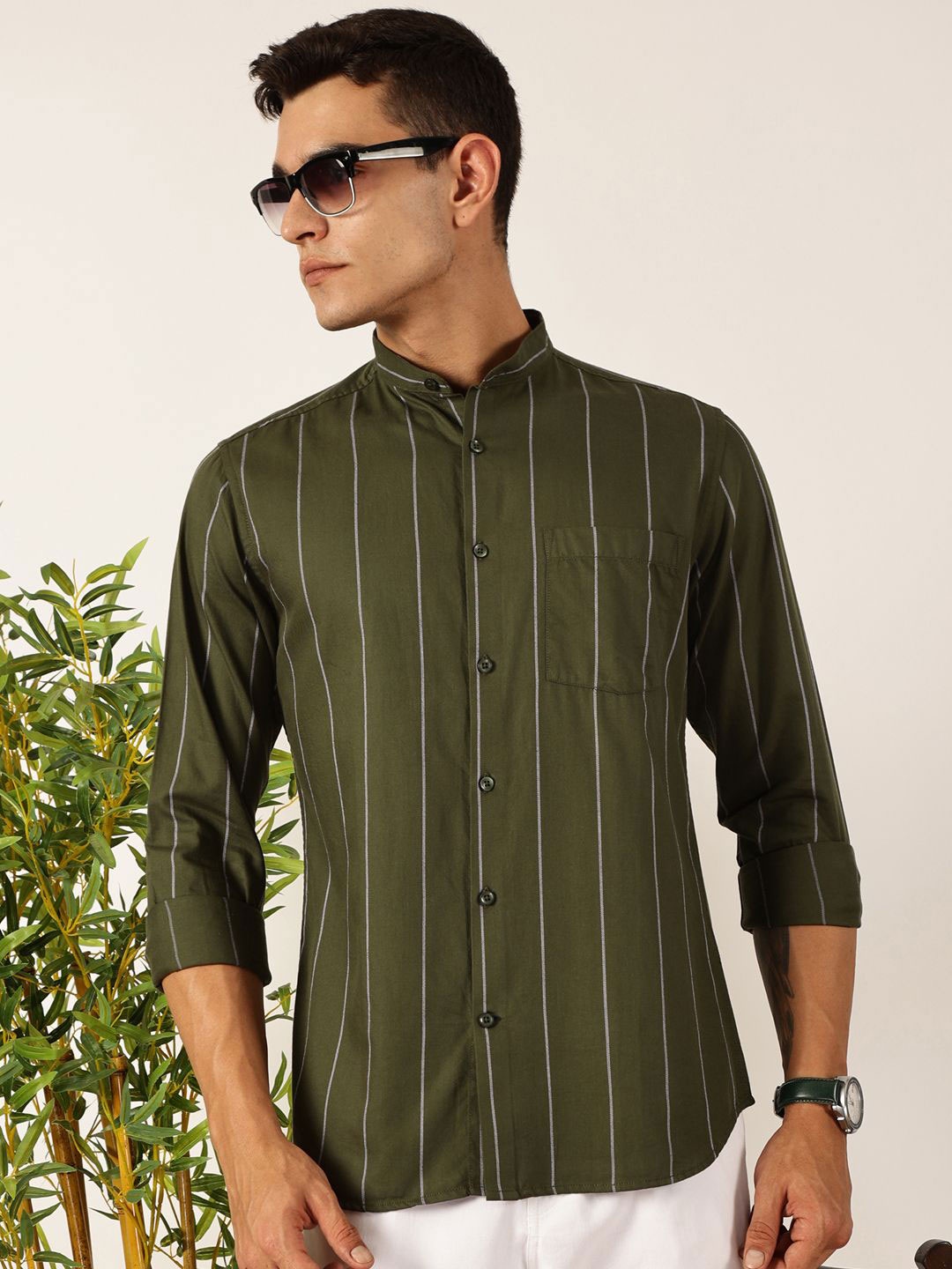 

Mast & Harbour Men Premium Opaque Striped Casual Shirt, Olive