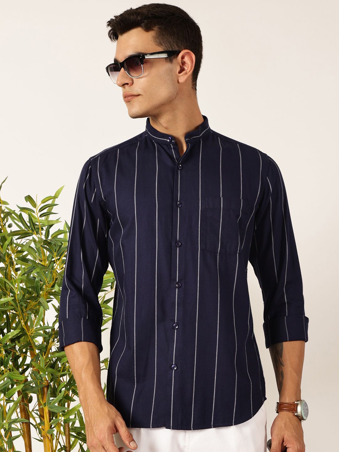 

Mast & Harbour Men Premium Fit Band Collar Vertical Striped Cotton Casual Shirt, Navy blue