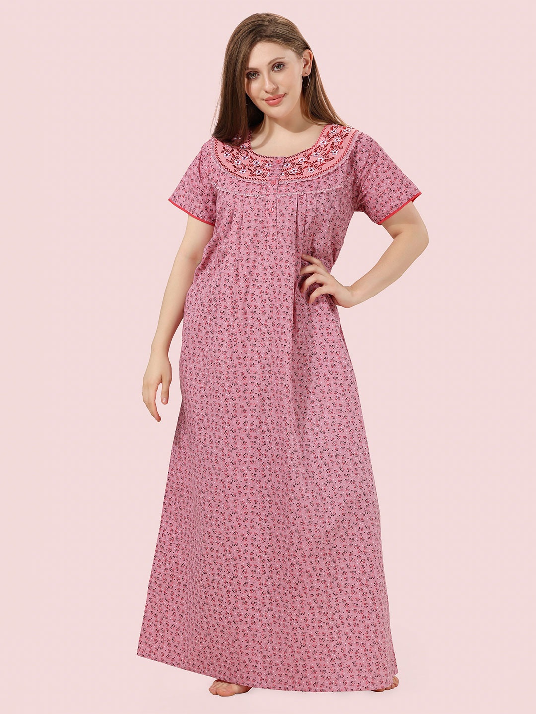 

Soulemo Women Pure Cotton Floral Printed Maxi Nightdress, Pink