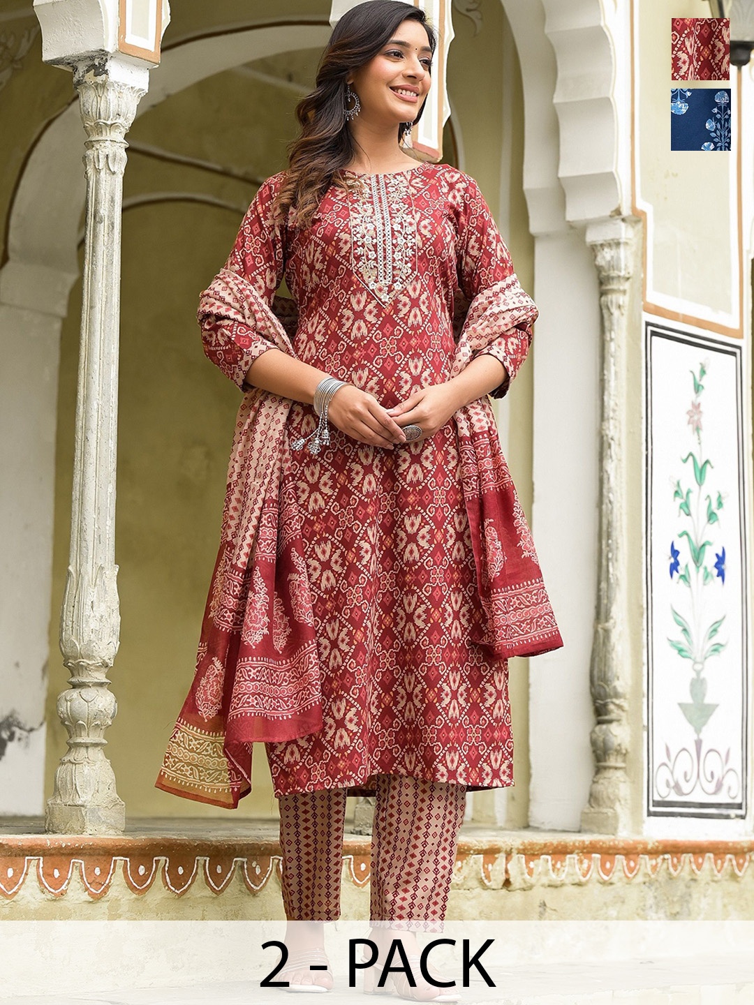

KALINI Selection Of 2 Ethnic Motifs Printed Straight Kurta With Trousers & Dupatta, Red