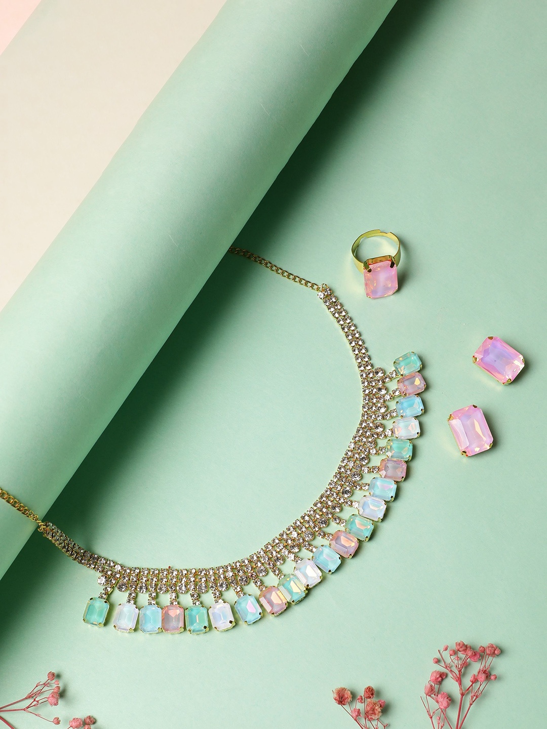 

ORANGENYSHA 18K Gold Plated Crystal, American Diamond & Gemstone-Studded Jewellery Set, Pink