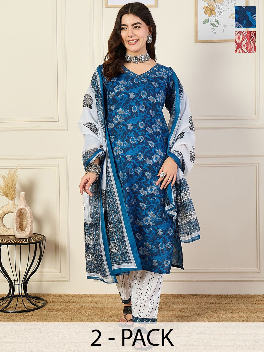 

KALINI Selection Of 2 Ethnic Motifs Printed V-Neck Straight Kurta With Trousers & Dupatta, Blue