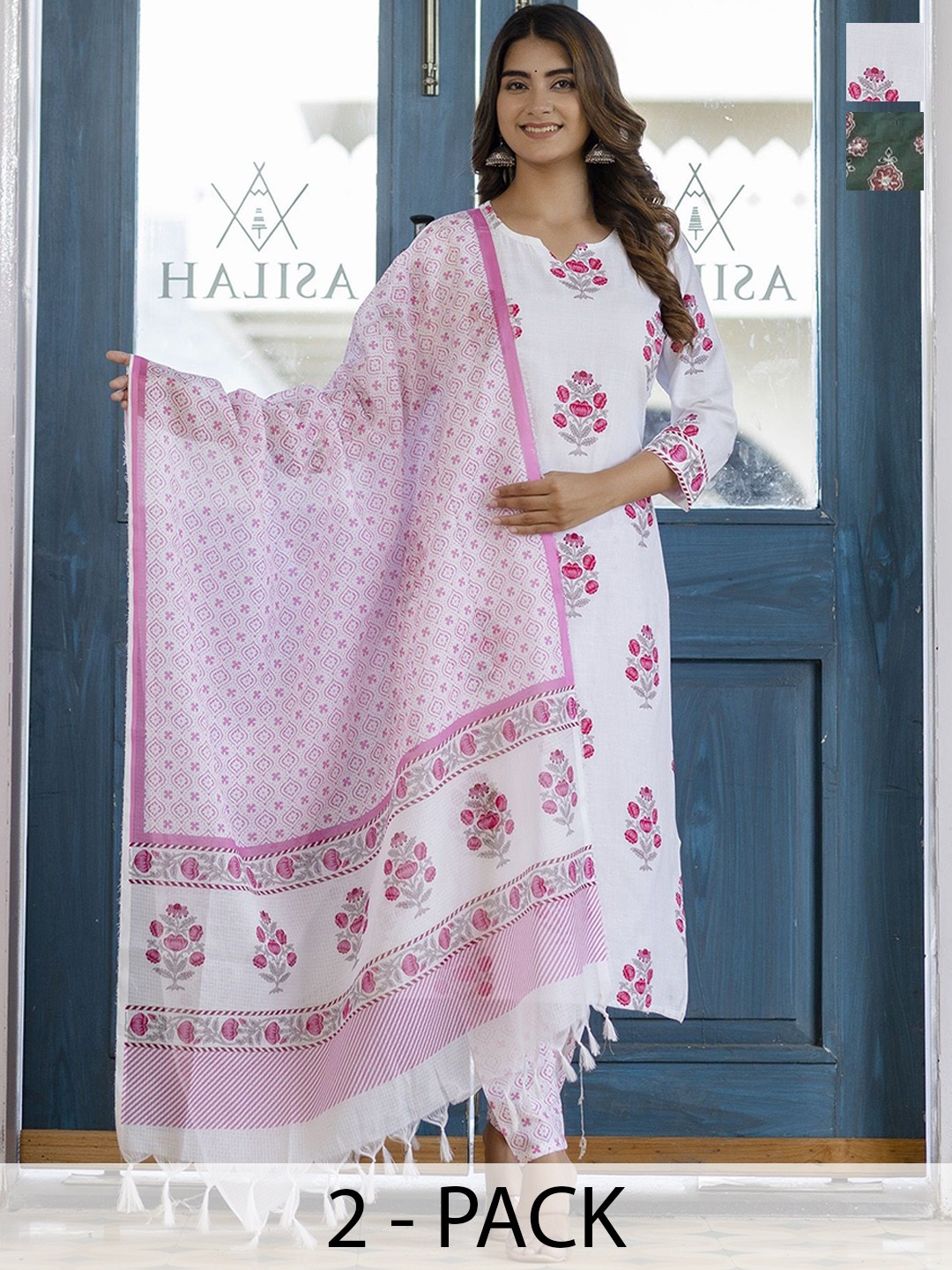 

KALINI Selection Of 2 Floral Notch Neck Straight Kurta With Trousers & Dupatta, White