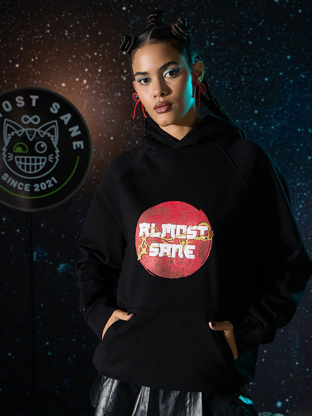 

ALMOST SANE Unisex Alphanumeric Printed Hooded Sweatshirt, Black