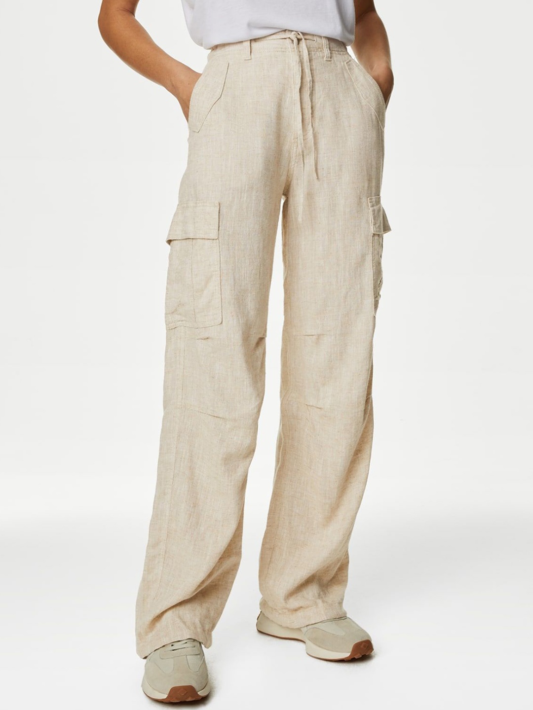 

Marks & Spencer Women Loose Fit High-Rise Trousers, Beige