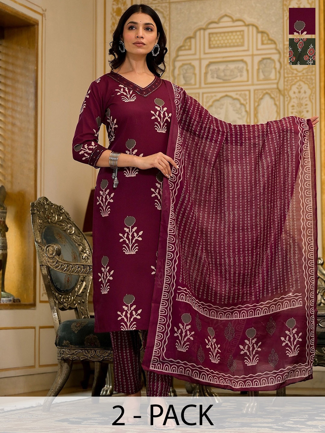 

KALINI Selection Of 2 Floral Printed Sequinned Straight Kurta With Trousers And Dupatta, Maroon