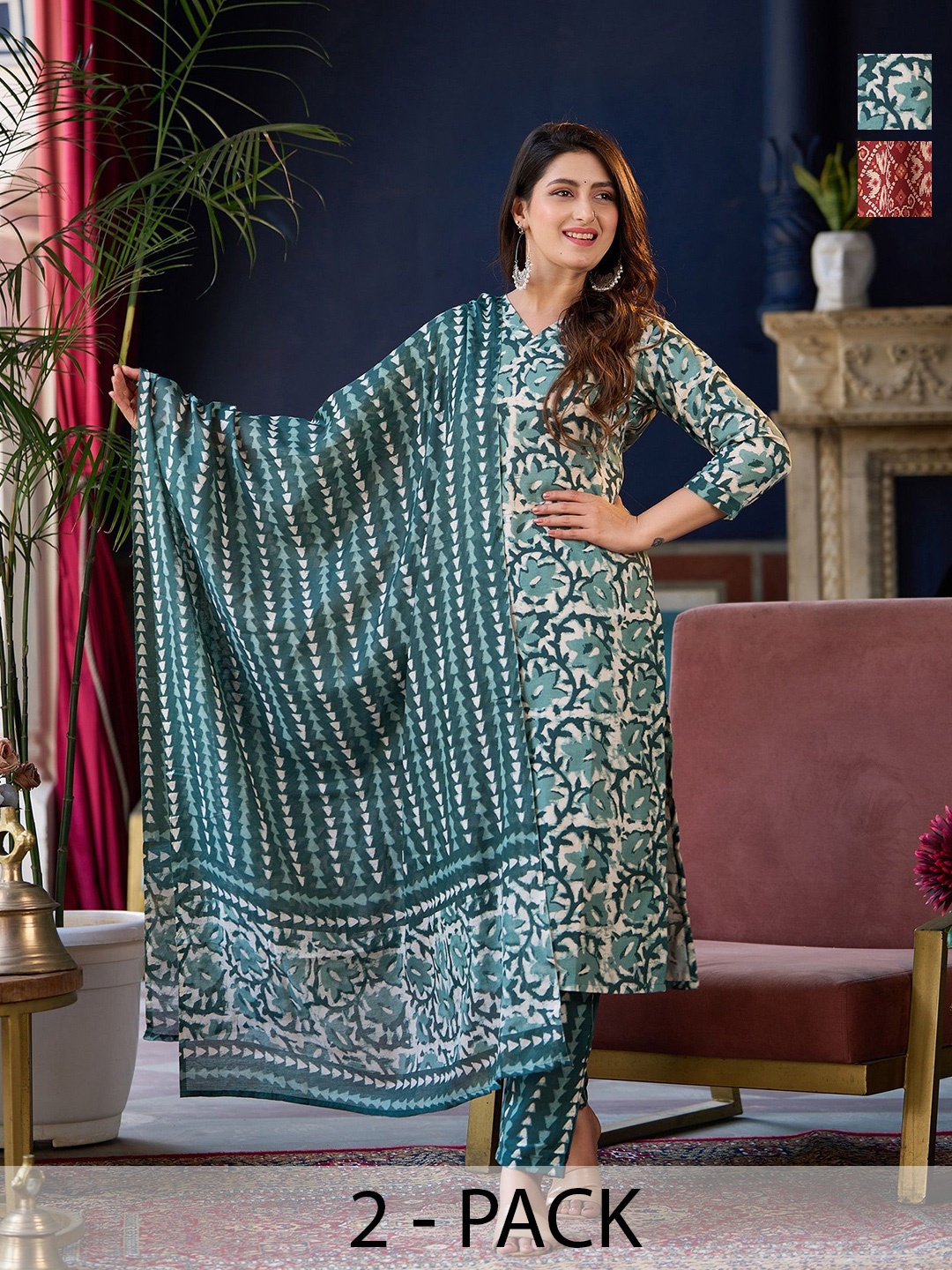 

KALINI Selection Of 2 Floral Printed V-Neck Straight Kurta With Trousers And Dupatta, Green