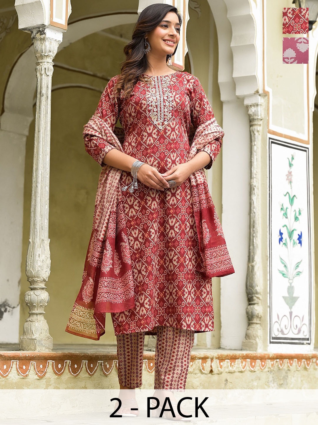 

KALINI Selection Of 2 Ethnic Motifs Printed Straight Kurta With Trousers And Dupatta, Red