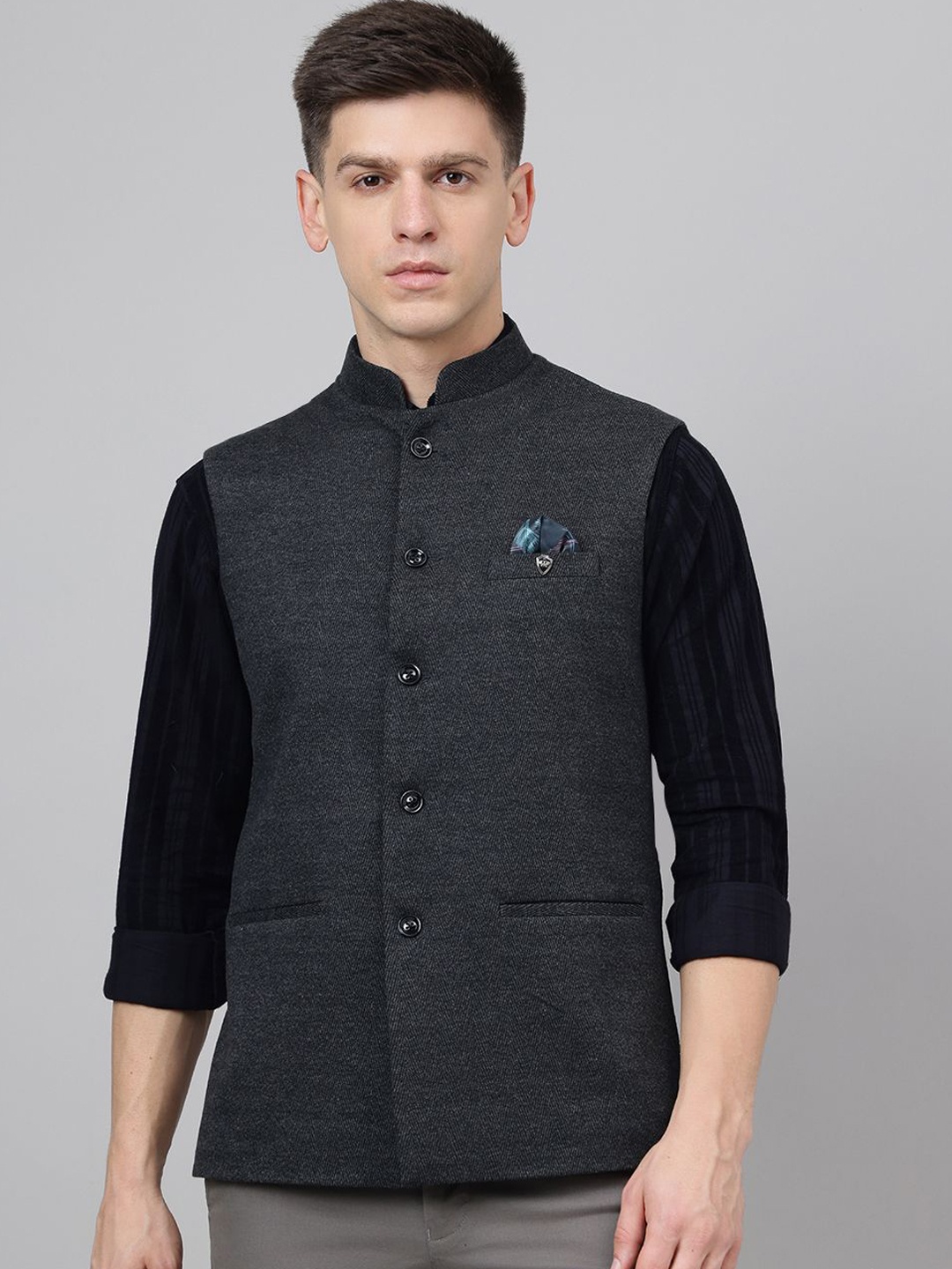 

Richlook Men Self Design Woven Nehru Jacket, Grey