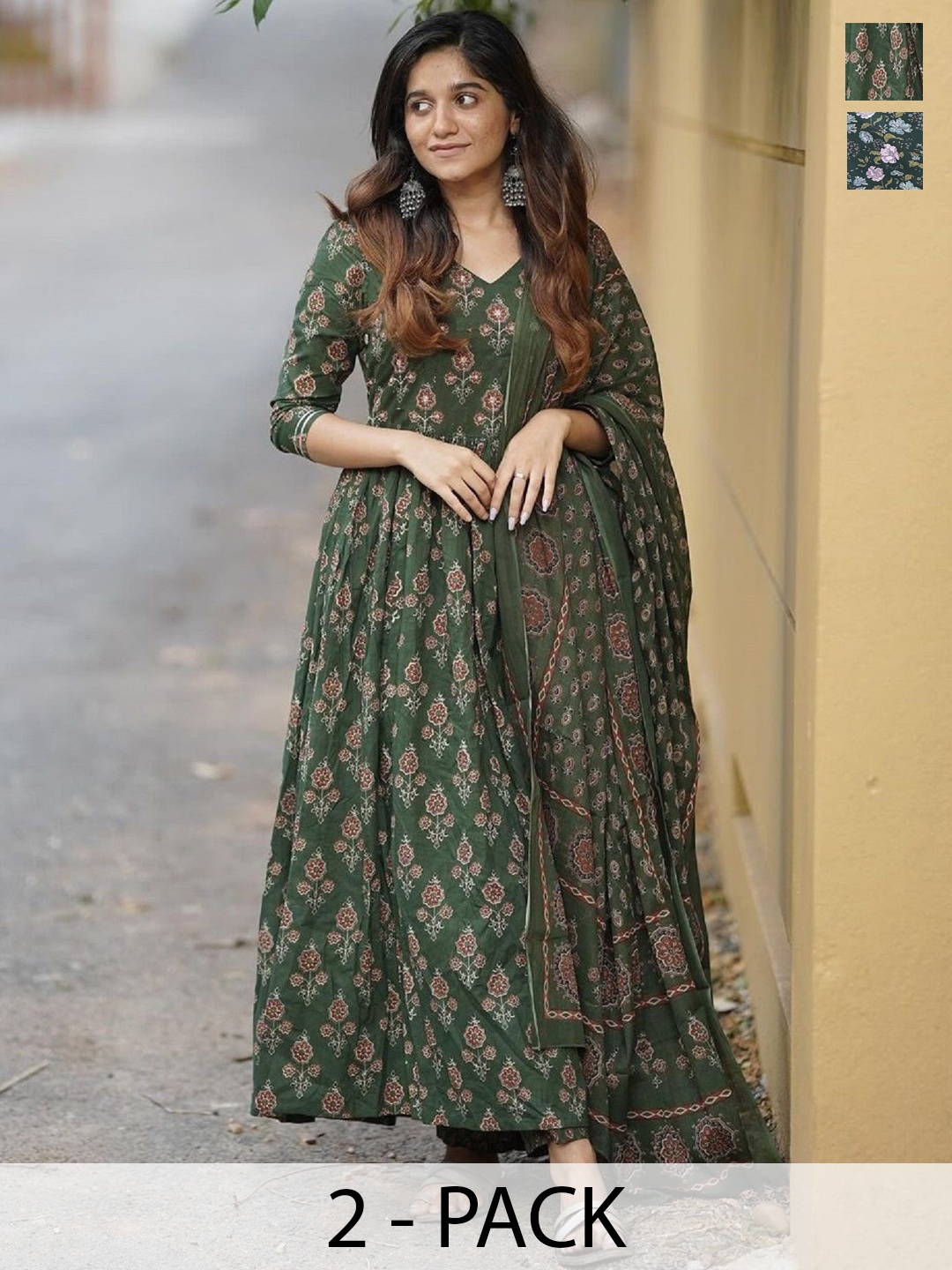 

KALINI Selection Of 2 Floral Printed Anarkali Kurta With Trousers And Dupatta, Green