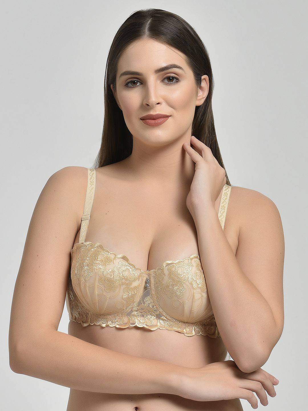 

MAKCLAN Floral Medium Coverage Underwired Lightly Padded Plunge Bra, Nude