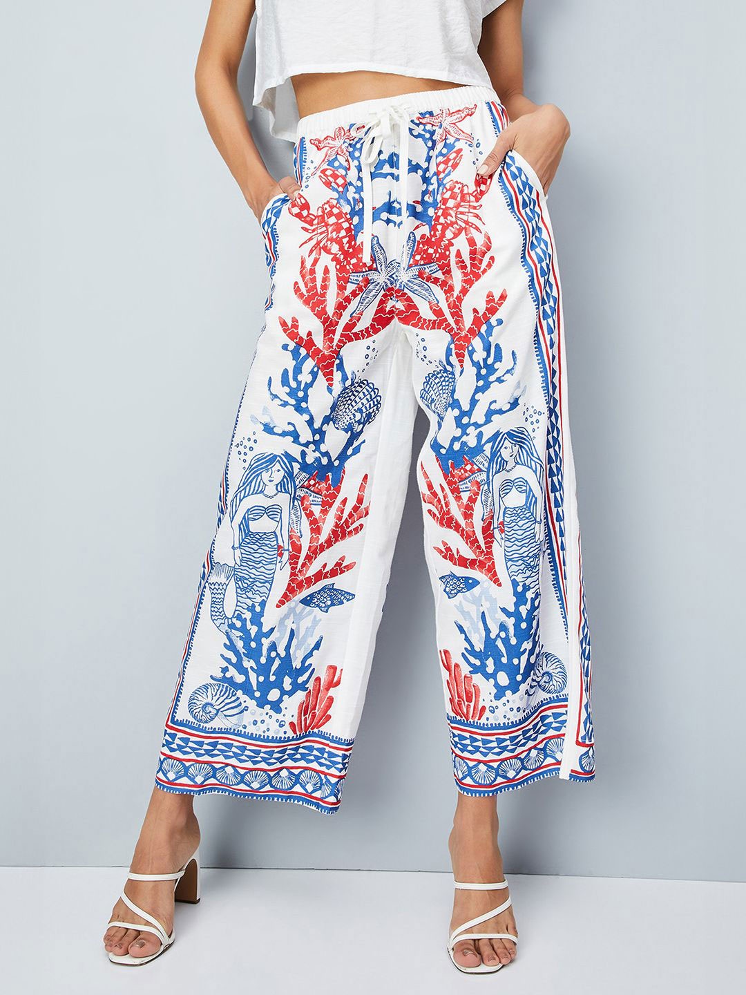 

max Women Ethnic Motifs Straight Fit Printed Palazzos, White