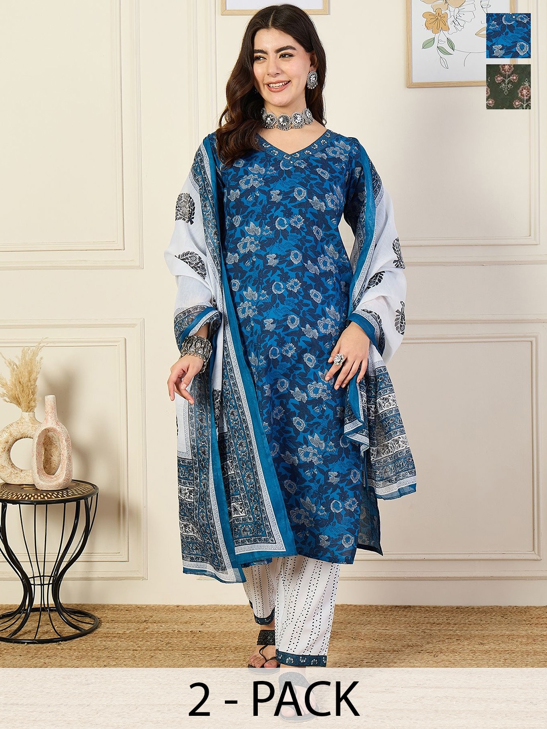 

KALINI Selection Of 2 Floral Printed V-Neck Straight Kurta With Trousers And Dupatta, Blue