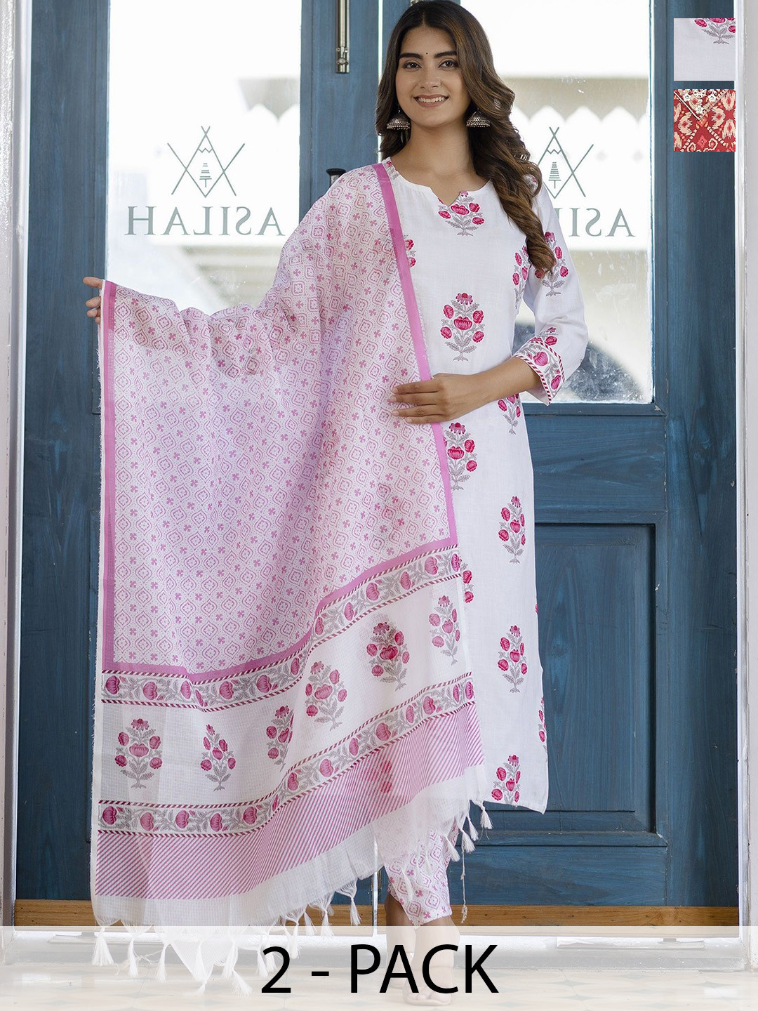 

KALINI Selection Of 2 Floral Printed Notch Neck Straight Kurtas With Trousers & Dupattas, White