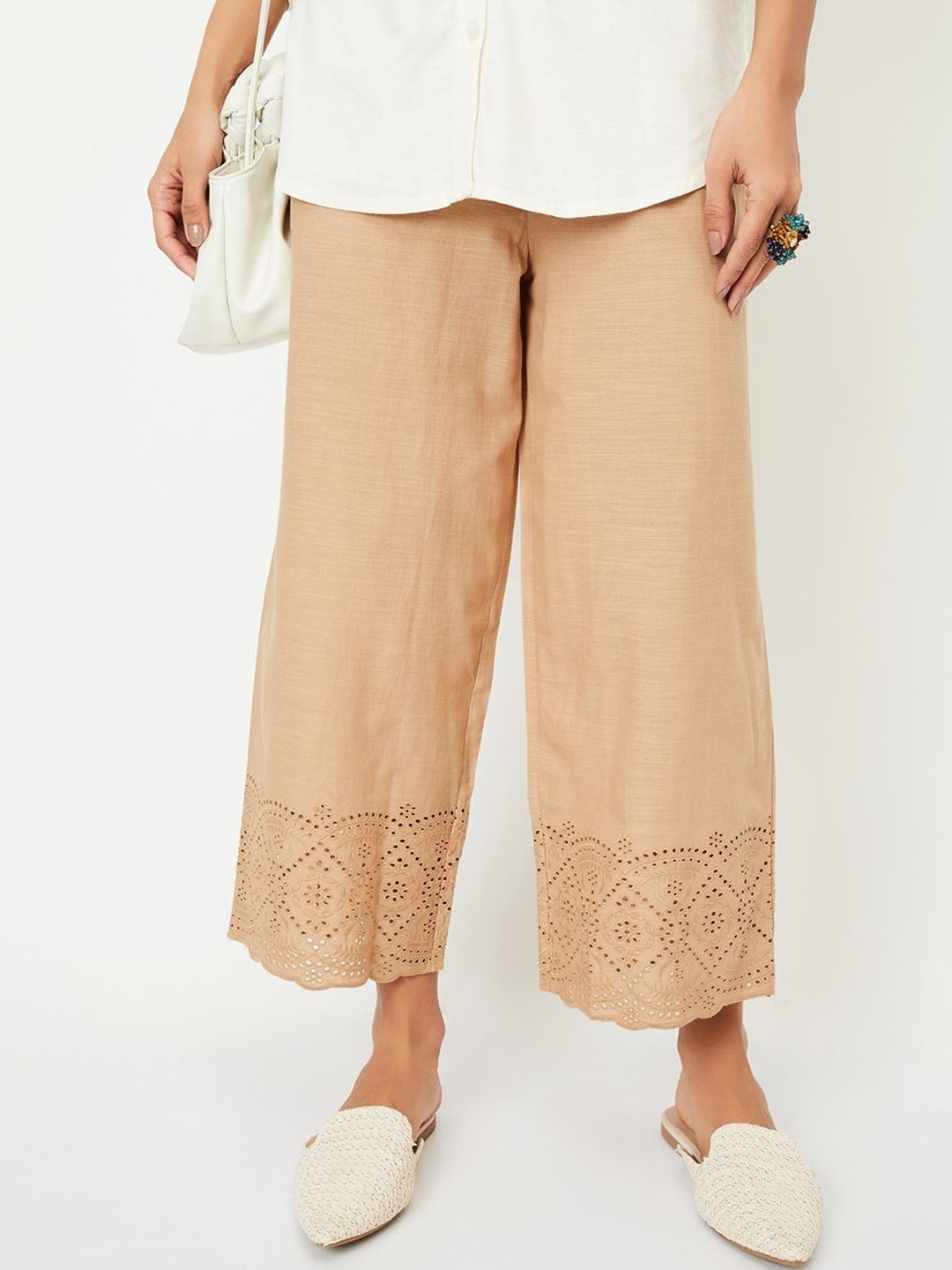 

max Women Straight Fit Cropped Palazzos, Beige