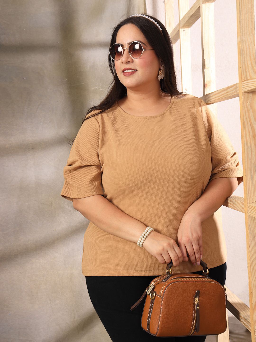 

CURVE BY KASSUALLY Women Round Neck Plus Size Top, Beige