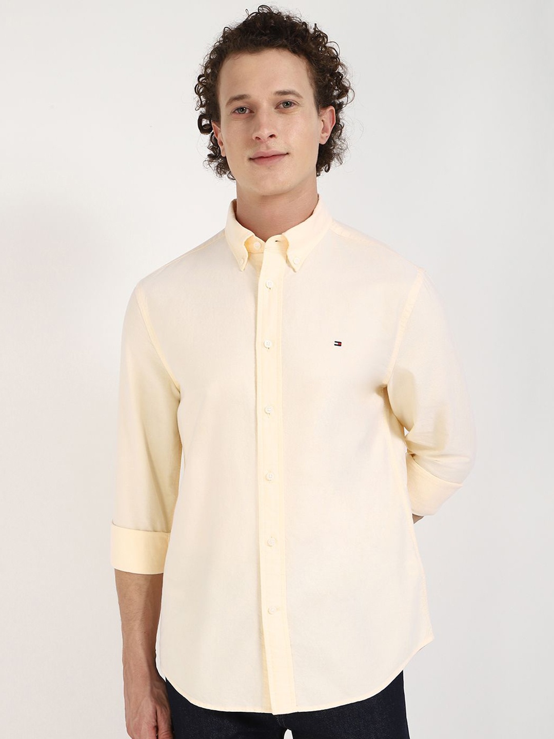 

Tommy Hilfiger Men Button-Down Collar Solid Cotton Casual Shirt, Yellow