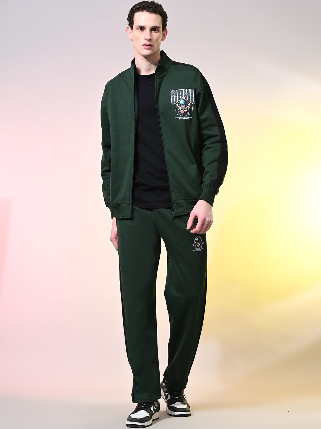 

STARFOX Printed Mock Collar Fleece Oversized Zipper Sweatshirt with Trouser Co-Ord Set, Green