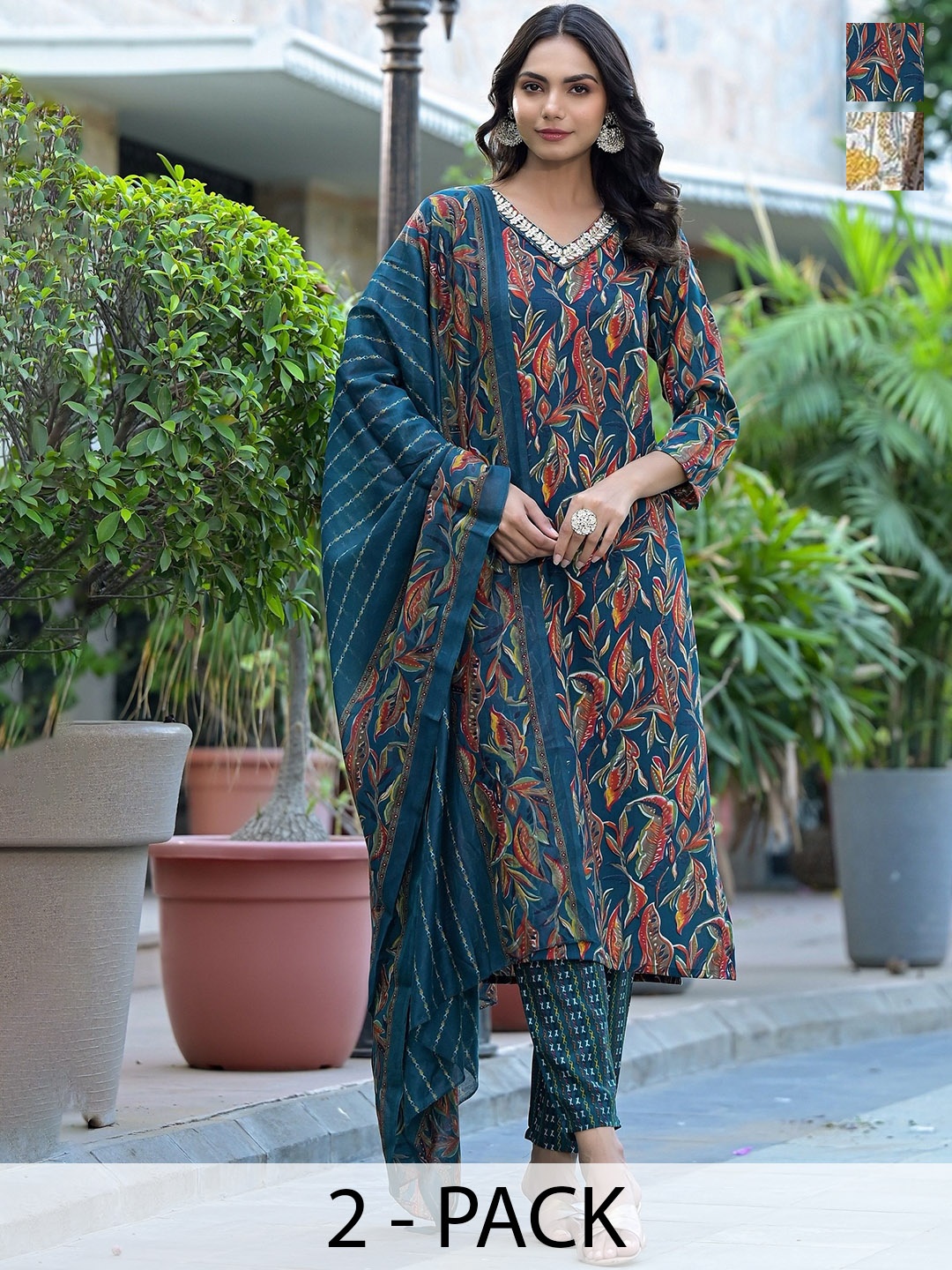 

KALINI Selection Of 2 Floral Printed V-Neck Straight Kurtas With Trousers & Dupattas, Teal